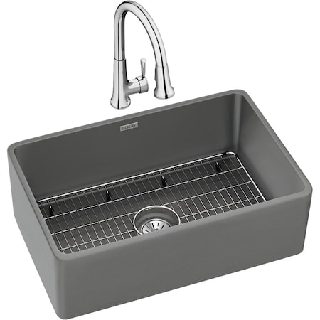 30X19-15/16X9-1/8, Sgl Bowl Farmhouse Sink Kit W/ Faucet, Gray